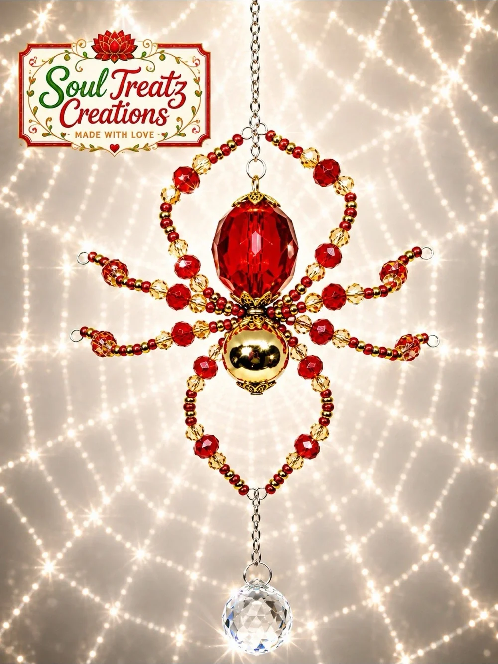 Red & Gold Crystal Beaded Spider Sun Catcher